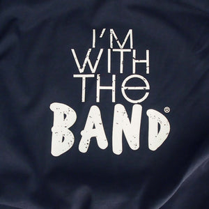 Close up of the graphic print for the I'm With The Band® logo T-shirt with white print on navy T