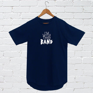 I'm With The Band® logo T-shirt with white print on navy T on a coat hanger against a white paintedbrick wall