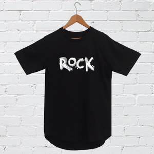I'm With The Band® hand-painted Rock T-shirt with white print on black T on a coat hanger against a white painted brick wall