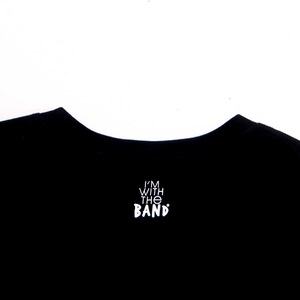 Back collar logo detail on black mens t shirt with white print