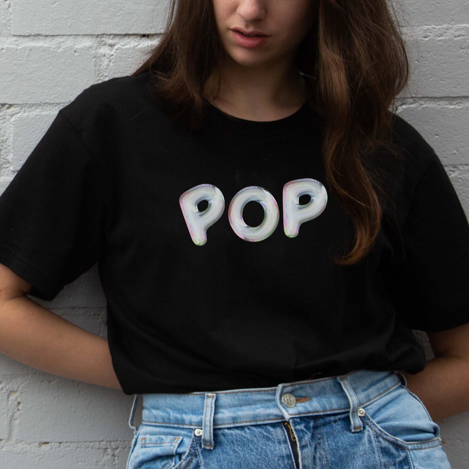 I'm With The Band® Bubble Pop T-shirt with iridescent white print on black T closeup showing the graphic detail
