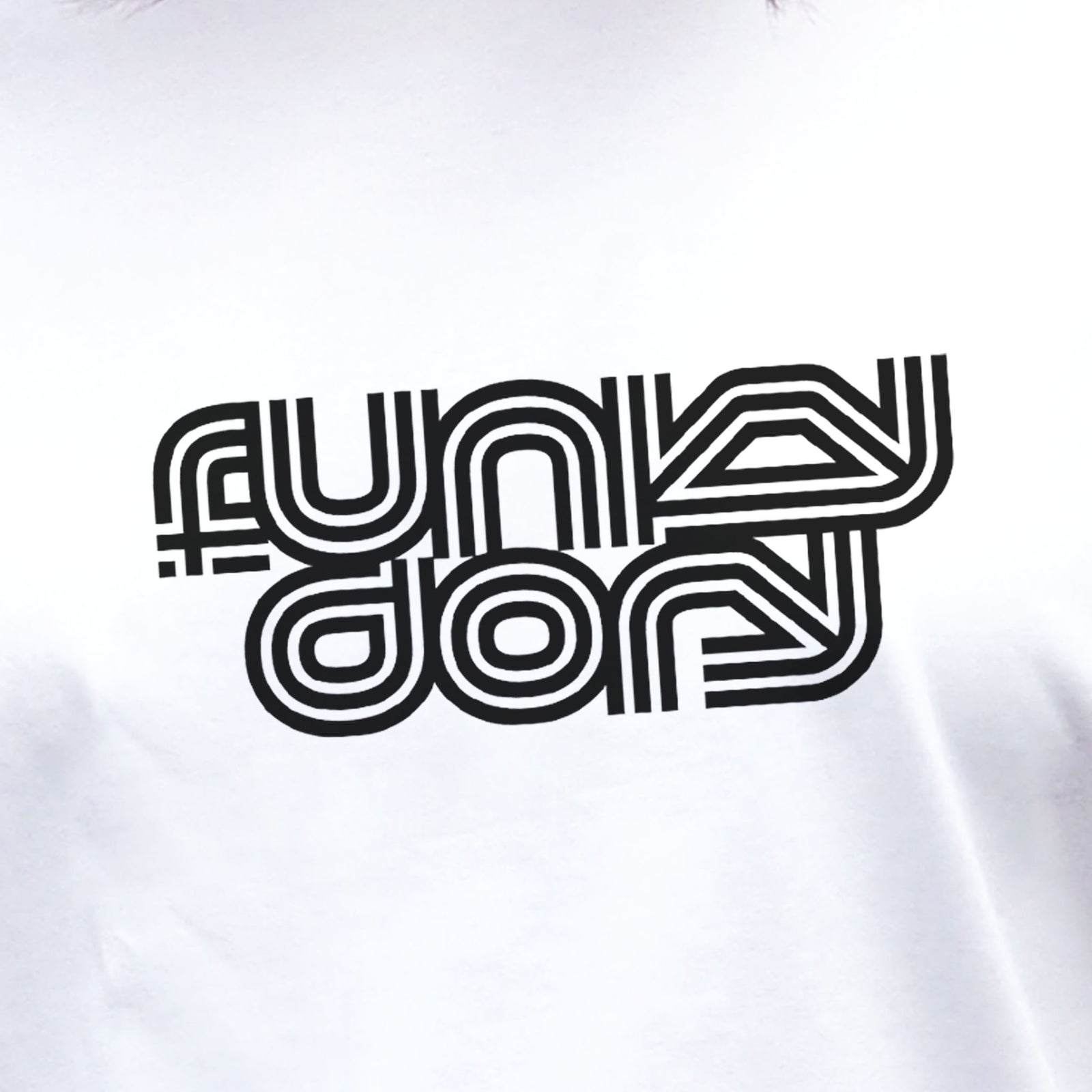 I'm With The Band® Funky Dory T-shirt with black print on white T extreme close-up showing the graphic detail
