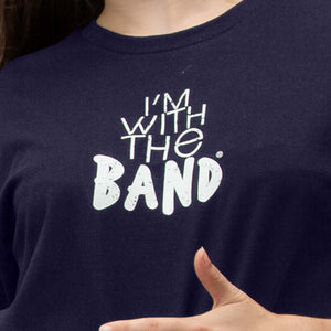 I'm With The Band® logo T-shirt with white print on navy T extreme close up view.