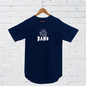 I'm With The Band® logo T-shirt with white print on navy T on a coat hanger against a white painted brick wall