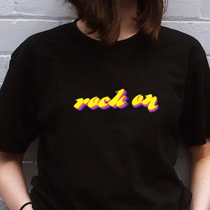 I'm With The Band® Rock On T-shirt with bright colour print on black T  close-up showing the graphic detail