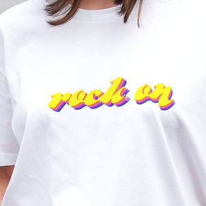 I'm With The Band® Rock On T-shirt with bright colourful print on white T 
 close-up showing the graphic detail