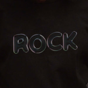 I'm With The Band® Bubble Rock T-shirt with iridescent oil slick grey print on black T extreme close-up showing the graphic detail