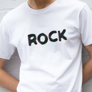 I'm With The Band® Bubble Rock T-shirt with iridescent bubble slick black print on white T close-up showing the graphic detail