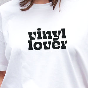 I'm With The Band® Vinyl Lover T-shirt with black print white outline on white T close-up showing the graphic detail