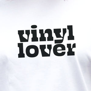 I'm With The Band® Vinyl Lover T-shirt with black print white outline on white T extreme close-up showing the graphic detail
